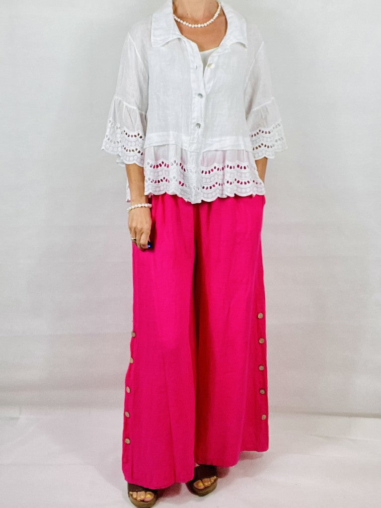 Pink Wide leg Linen Trousers with Buttons