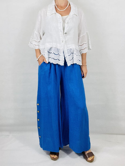 Cobalt Blue Wide leg Linen Trousers with Buttons