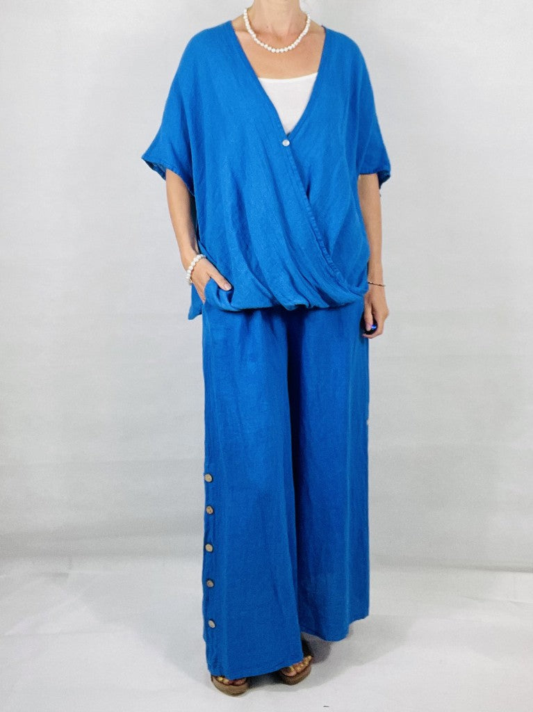 Cobalt Blue Wide leg Linen Trousers with Buttons