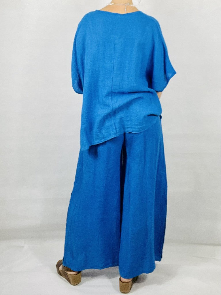 Cobalt Blue Wide leg Linen Trousers with Buttons