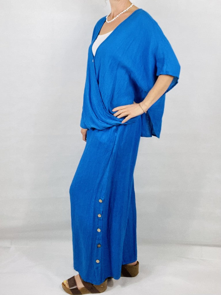 Cobalt Blue Wide leg Linen Trousers with Buttons