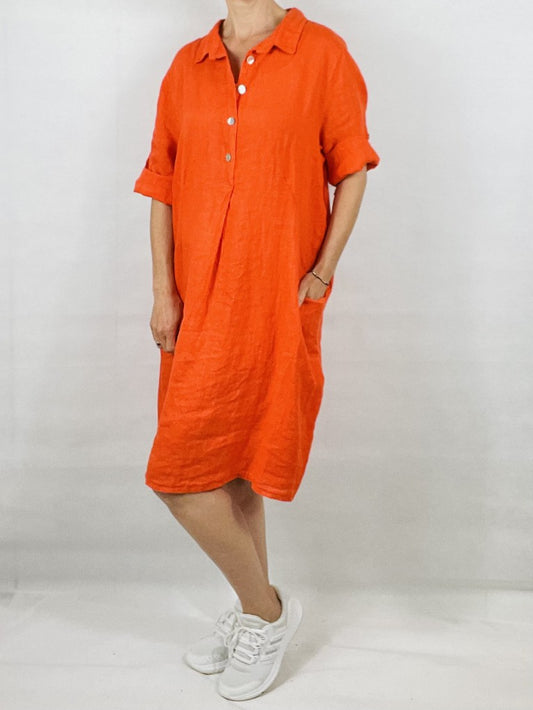 Orange Linen Tunic Dress with Two Pockets