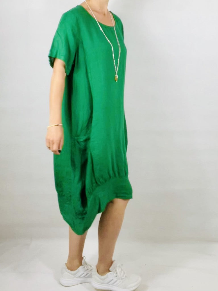 Green Linen Two Pocket Dress