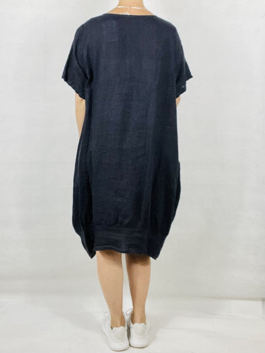 Navy Linen Two Pocket Dress