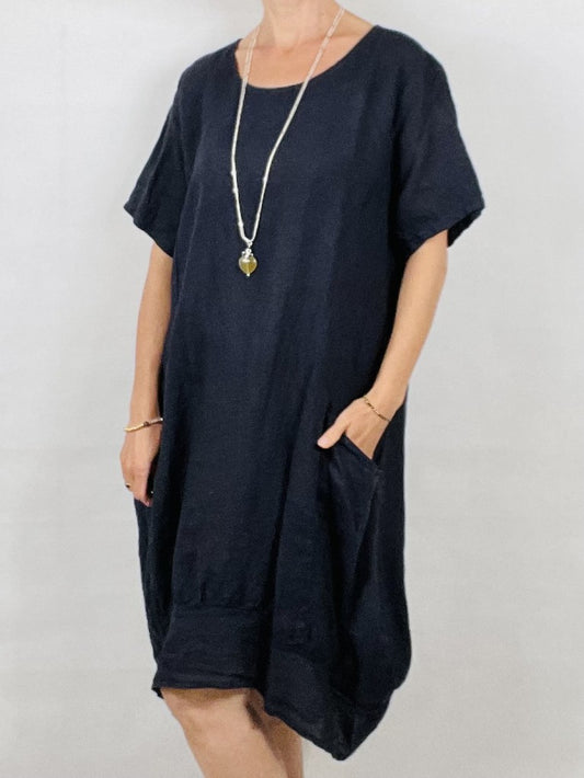 Navy Linen Two Pocket Dress