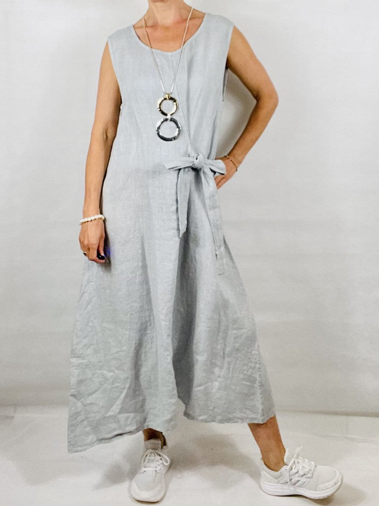 Silver Grey Linen Dress with Tie