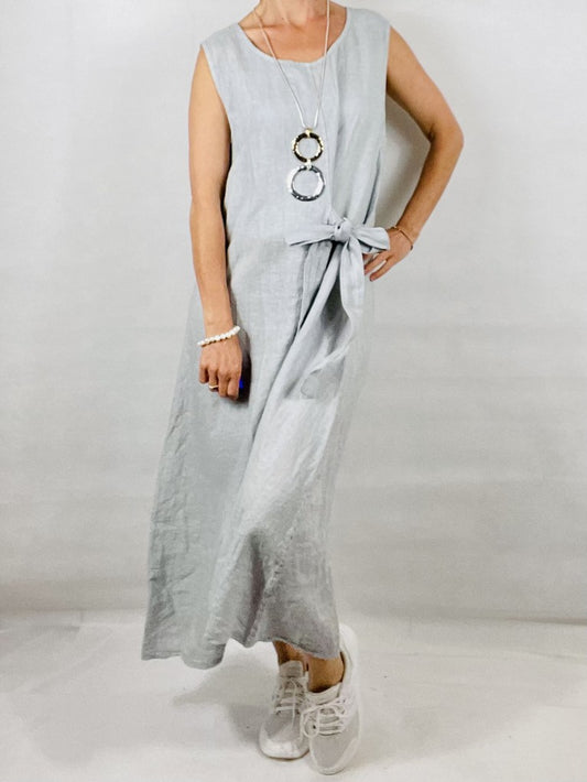 Silver Grey Linen Dress with Tie