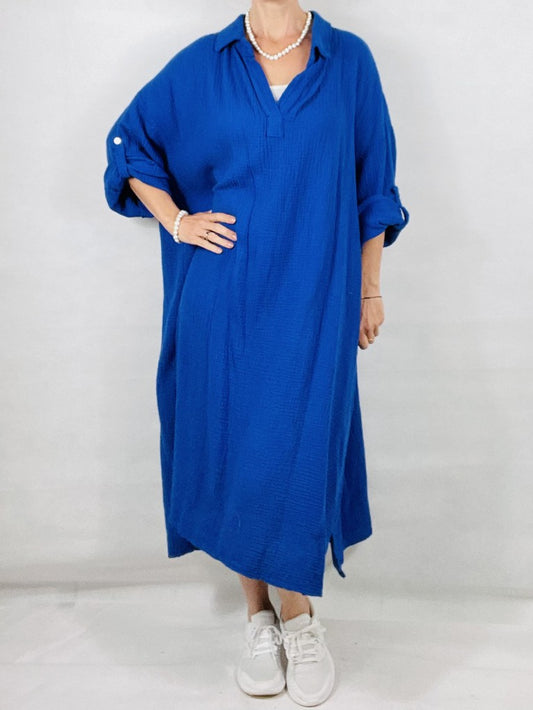 Cobalt Blue Cotton Maxi Dress with Sleeves.