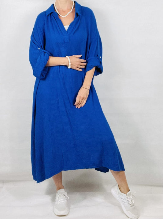 Cobalt Blue Cotton Maxi Dress with Sleeves.