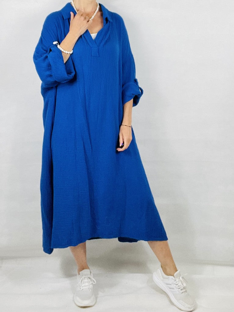 Cobalt Blue Cotton Maxi Dress with Sleeves.