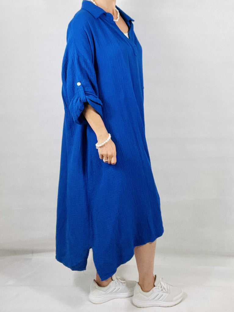 Cobalt Blue Cotton Maxi Dress with Sleeves.